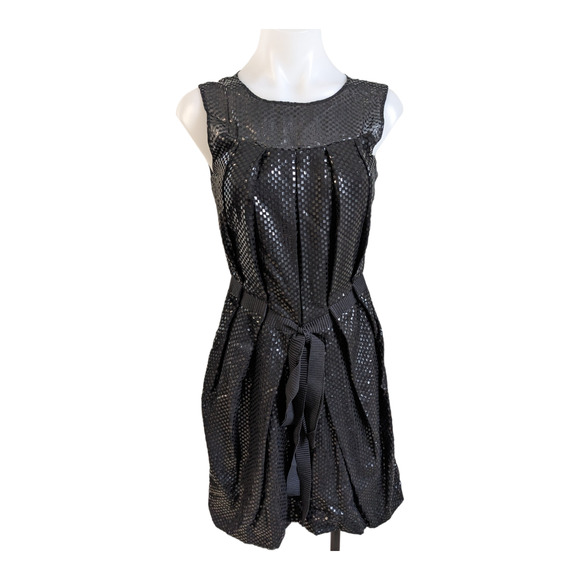 United Bamboo Size 2 Pleated Shift Dress Black Silk Blend Tie Waist Sleeveless - Picture 1 of 15